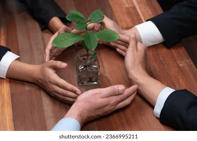 Business people holding money savings jar together in synergy filled with coin and growing plant for sustainable financial for retirement or eco subsidy investment for environment protection. Quaint - Shutterstock ID 2366995211