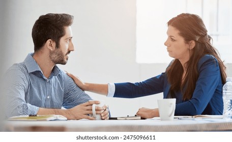 Business people, hr manager and employee support for burnout and stress management in office. Corporate team, human resources and counseling for mental health help with comfort, fatigue and empathy - Powered by Shutterstock