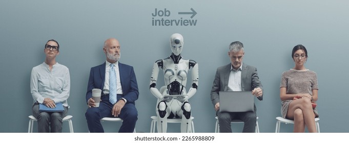 Business people and humanoid AI robot sitting and waiting for a job interview: AI vs human competition - Shutterstock ID 2265988809