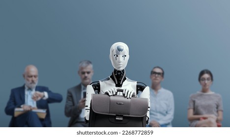 Business people and humanoid AI robot sitting and waiting for a job interview: AI vs human competition - Shutterstock ID 2268772859