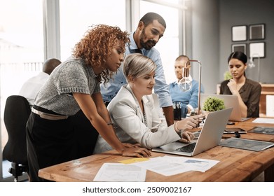 Business people, laptop and coaching with team for collaboration, ideas or software in meeting at office. Young group of employees working together on computer in research or development at workplace - Powered by Shutterstock