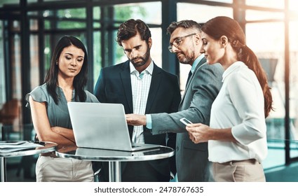 Business people, laptop and conversation with research, teamwork and connection in modern office. Group, employees and accounting with computer, internet and cooperation with meeting and planning - Powered by Shutterstock