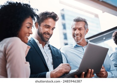 Business people, laptop and laughing for research in collaboration for funny website review or reading project feedback. Marketing team, employees or tech for b2b networking or planning ideas at work - Powered by Shutterstock