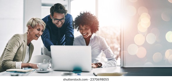 Business people, laptop and meeting in coaching, planning or teamwork for project on bokeh background at office. Group of happy employees working on computer for schedule plan, ideas or team strategy - Powered by Shutterstock