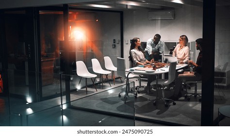 Business people, laptop and planning for design at night in office, creative agency and overtime food for project. Teamwork, support and problem solving in pizza meeting for deadline and discussion - Powered by Shutterstock