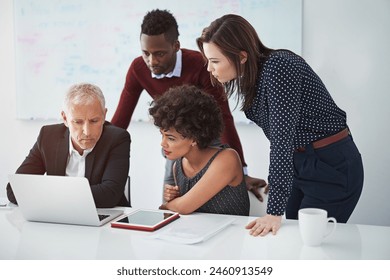 Business people, laptop and reading research with teamwork, collaboration and boardroom. Online, discussion and public relations staff with job planning and working on project meeting together - Powered by Shutterstock