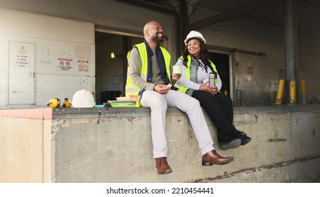 Business People, Logistics, And Lunch Break At Work Site Relaxing, Talking And Enjoying Free Time On The Job. Black Man And Woman Employee In Shipping Yard, Warehouse Or Factory Industry At Rest