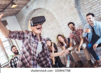 Business People Making Team Training Exercise During Team Building Seminar Using VR Glasses