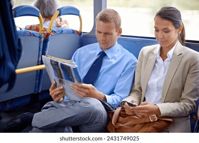 Business people, man and woman in bus or public transport for travel and commute outdoors against blurred background. Colleagues, working partners with newspaper and phone for thinking on trip - Powered by Shutterstock
