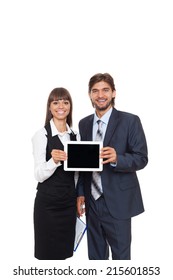 Business People Man And Woman Happy Smile Hold Tablet Pad Computer Show Empty Touch Screen With Copy Space, Young Businessman Businesswoman Isolated Over White Background