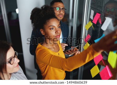 Business people in meeting brainstorming and discussing post it notes stuck on glass wall at office