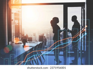 Business people, meeting and charts in double exposure for data analytics advice, investment negotiation or planning. Analyst, investor or financial team for silhouette and stats overlay on growth - Powered by Shutterstock