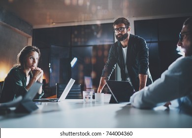 Business people meeting concept.New project team manager making conversation at meeting room with partners at office.Horizontal.Blurred background.Flares