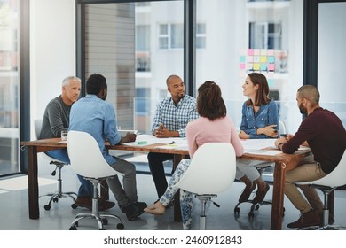 Business people, meeting and discussion with creative team for collaboration, planning or brainstorming at office. Group of employees talking in boardroom, conference or ideas in startup at workplace