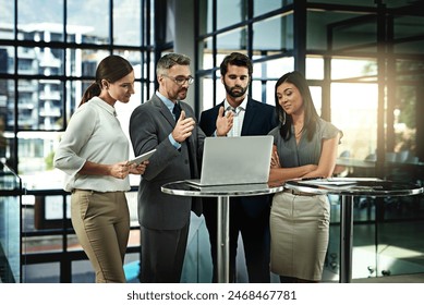 Business people, meeting and discussion with laptop in office for report, planning or legal advice. Lawyer, teamwork and employees with tech at law firm for court case, feedback or review of evidence - Powered by Shutterstock