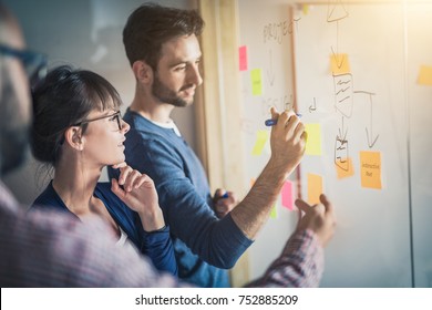 Business people meeting at office and use post it notes to share idea. Brainstorming concept. Sticky note on glass wall. - Shutterstock ID 752885209