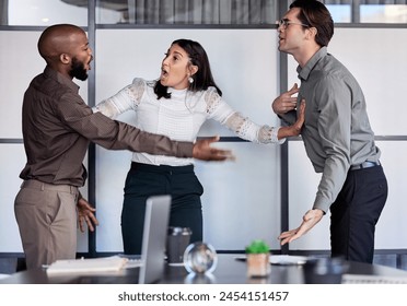 Business people, meeting and shout with stress, argument and negative feedback with mistake and problem with report. Group, frustrated and staff with review and crisis with anxiety, anger and burnout - Powered by Shutterstock