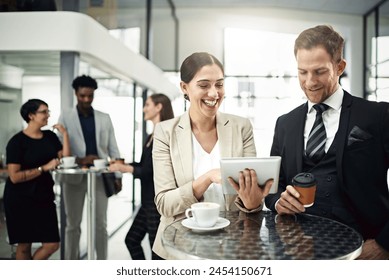 Business people, networking and discussion with coffee at event, tablet and share ideas at conference. Tea, technology or happy man and woman discussing, chat and break for collaboration at seminar - Powered by Shutterstock