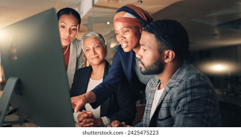 Business people, night and computer with collaboration, conversation and web design planning. Working, company website and project deadline of management group with communication for online job - Powered by Shutterstock