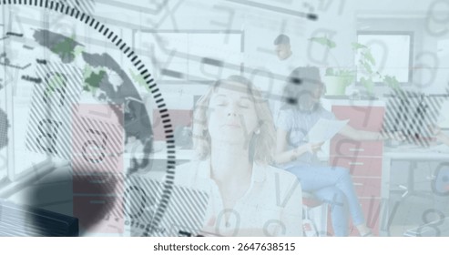 Business people in office with data processing image overlaying their activities. Technology, teamwork, innovation, collaboration, digital, analysis