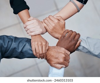 Business people, office and holding hands in circle for support, collaboration and professional synergy. Teamwork, solidarity and group in huddle for productivity, diversity and project management - Powered by Shutterstock