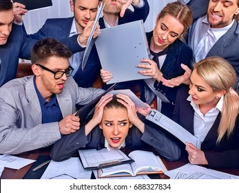 Business People Office. Team People Are Unhappy With Their Leader. Intern Manager Does Not Cope With His Duties. Crowd In Stress. New Employee Is Recruited.