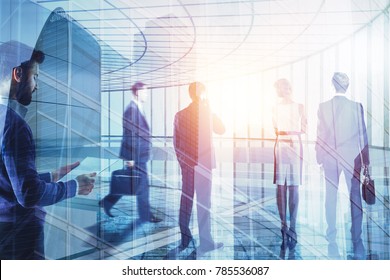 Business People On Abstract City Background. Meeting And Group Conference Concept. Double Exposure 