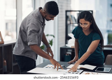 Business people, paper and office for fashion planning, designer sketch and book for creative ideas. Teamwork, documents and strategy for style, collaboration and review color for clothes or dress - Powered by Shutterstock