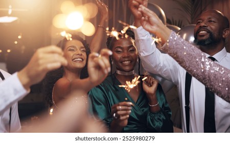 Business people, party and sparklers at night for celebration, diversity and happy for new year countdown. Women, men and smile for friends with fireworks, connection or cheers in group at gala event - Powered by Shutterstock