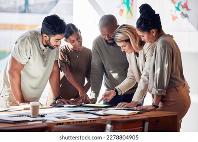 Business people planning, brainstorming and analysis in startup strategy, digital marketing ideas or data analytics. Diversity group of employees in meeting, teamwork and tablet tech for project goal - Powered by Shutterstock