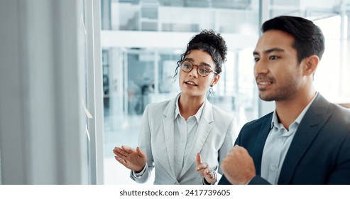 Business people, planning and glass wall with point, talk and thinking with notes for problem solving. Partnership, man and woman with brainstorming, leadership and moodboard with choice for solution - Powered by Shutterstock