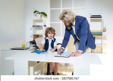 Business People Planning Strategy Analysis In Office. Cute Boy Kid Sitting In Office Chair Self Confident Like Big Boss, Funny Businessman Bossy Child, Director And Powerful Leader Humorous Concept