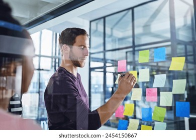 Business people, planning and writing on sticky note for ideas, solution and scrum or agile of creative project. Public relations leader with training, presentation or teamwork for workflow on glass - Powered by Shutterstock