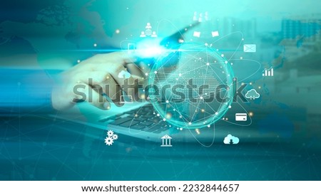 business people pointing to internet connection virtual screen interface technology information technology network Wireless innovation around the world Internet data collection technology for business