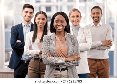 Business people, portrait and arms crossed for company mission in office, professional and pride for teamwork. Employees, diversity and leader for collaboration, agency and solidarity at workplace - Powered by Shutterstock