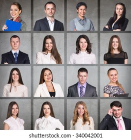 Business people portrait collage. Square shape. Gray background
