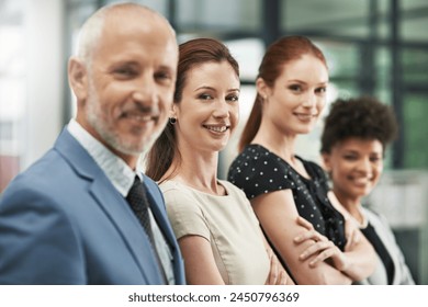 Business people, portrait and confident for teamwork in office, line and unity for company success. Colleagues, senior man and row of employees for support, hiring and solidarity for job interview - Powered by Shutterstock