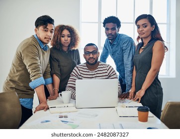 Business people, portrait and creative meeting on laptop for teamwork, collaboration and about us at startup agency. Group on computer for copywriting internship or social media engagement research - Powered by Shutterstock