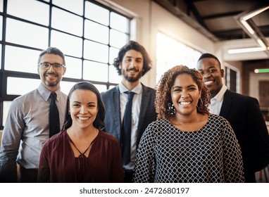 Business people, portrait and smile in office for teamwork, support and collaboration at startup company. Employees or group standing together with mission for diversity, gender equality and about us - Powered by Shutterstock