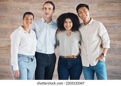 Business People Portrait For Teamwork, Diversity And Trust In A Creative, Innovation And Happy Company, Ngo Or Startup. Group Of People With Smile For Internship Opportunity And Staff Hug Together