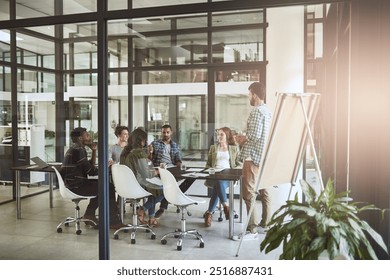 Business people, presentation and brainstorming with feedback for project, conversation and cooperation. Group, employees and coworkers in office, review and planning with ideas or corporate training