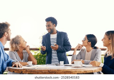 Business people, presentation and meeting with team at cafe for company mission, proposal or feedback. Man, speaker or presenter talking to group of employees for discussion at outdoor coffee shop - Powered by Shutterstock