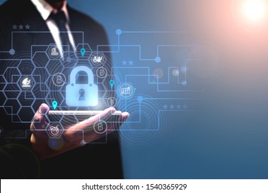 Business People Protect Personal Information On Smart Phones Privacy Concepts Of Data Protection, Travel Transactions, Cyber Security Networks Padlock Icon And Internet Technology Network
