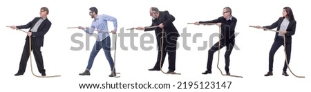 Business people pulling rope isolated on white
