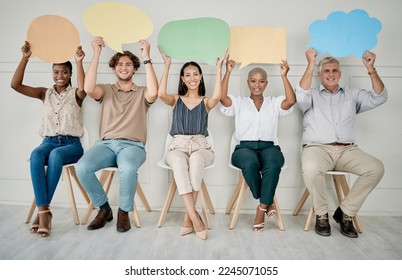 Business people, queue and interview with speech bubble, mockup vote and opinion space in office for job. Group diversity, recruitment and opinion for social media, chat or digital marketing company
