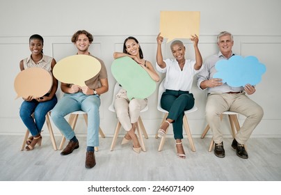 Business people, queue and interview with speech bubble, mockup vote and opinion space in office for job. Group diversity, recruitment and opinion for social media, chat or digital marketing company
