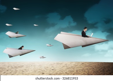 Business People Race With Paper Plane Going For Better Career. Business Career Concept