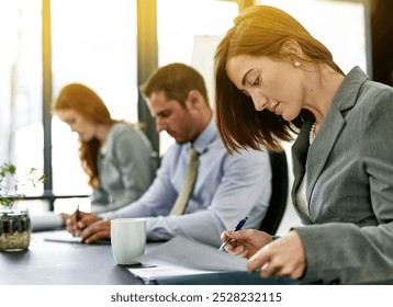 Business, people and reading documents for meeting in office for architecture, blueprint design and floor plan. Woman, staff and review paperwork of building layout, planning and construction project - Powered by Shutterstock