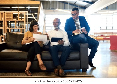 Business people, relax and couch with discussion in office with ceo for monthly meeting, project updates or conversation. Boss, graphic designer team and communication for creative brief and feedback - Powered by Shutterstock