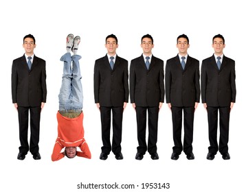 business people in a series with a casual guy doing the headstand